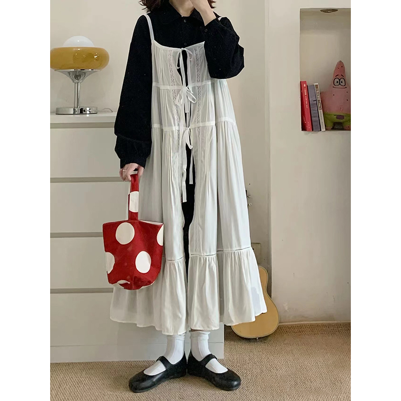 吊带裙全棉白色拼接系带蝴蝶结