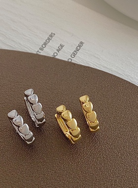 ins风18K金耳饰耳扣高级感潮爱心耳环耳钉女纯银睡觉免摘耳圈小巧