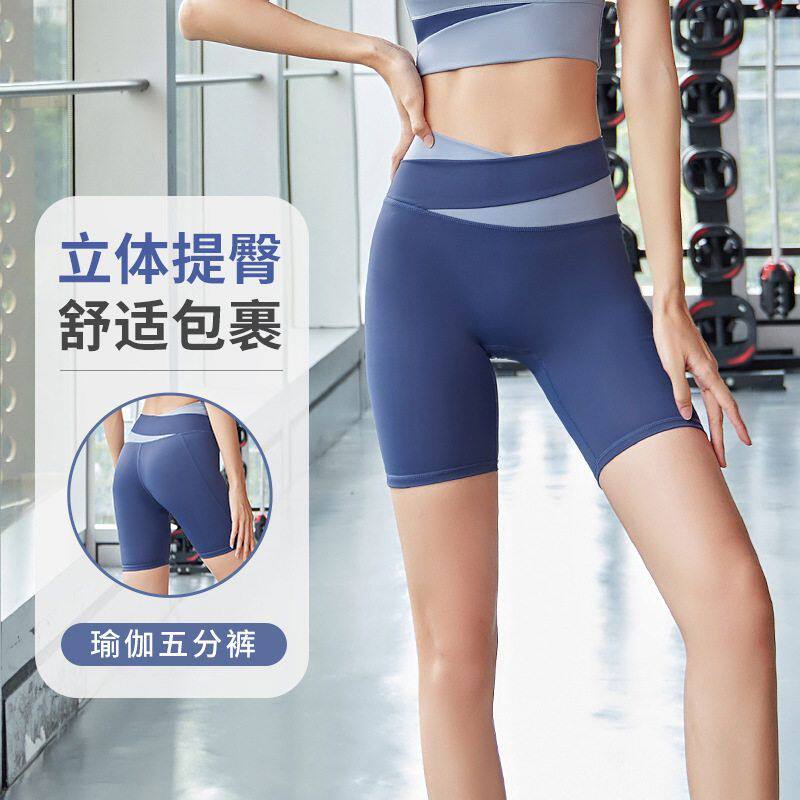 新款五分裤提臀运动拼色短裤无缝高腰蜜桃瑜伽裤裤夏款女防走光