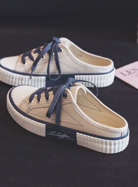 女鞋新款休闲百搭拖鞋半半托拖懒人鞋女饼干夏款帆布鞋脚蹬一低帮