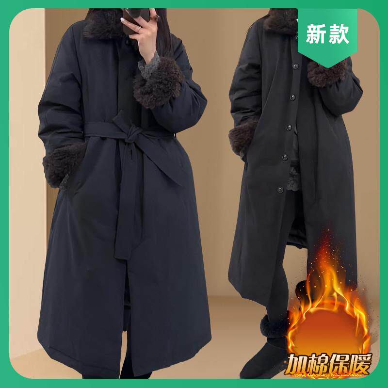 高级感毛毛领系带派克服女欧货2026秋冬中长款加棉保暖棉服外套潮