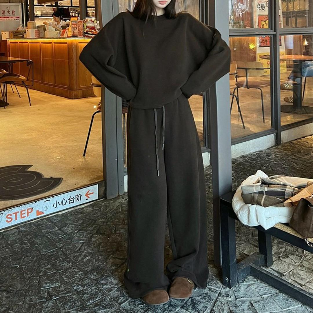 懒人套装圆领长袖+抽绳卫裤显瘦气质时尚休闲韩版穿搭风格女套装