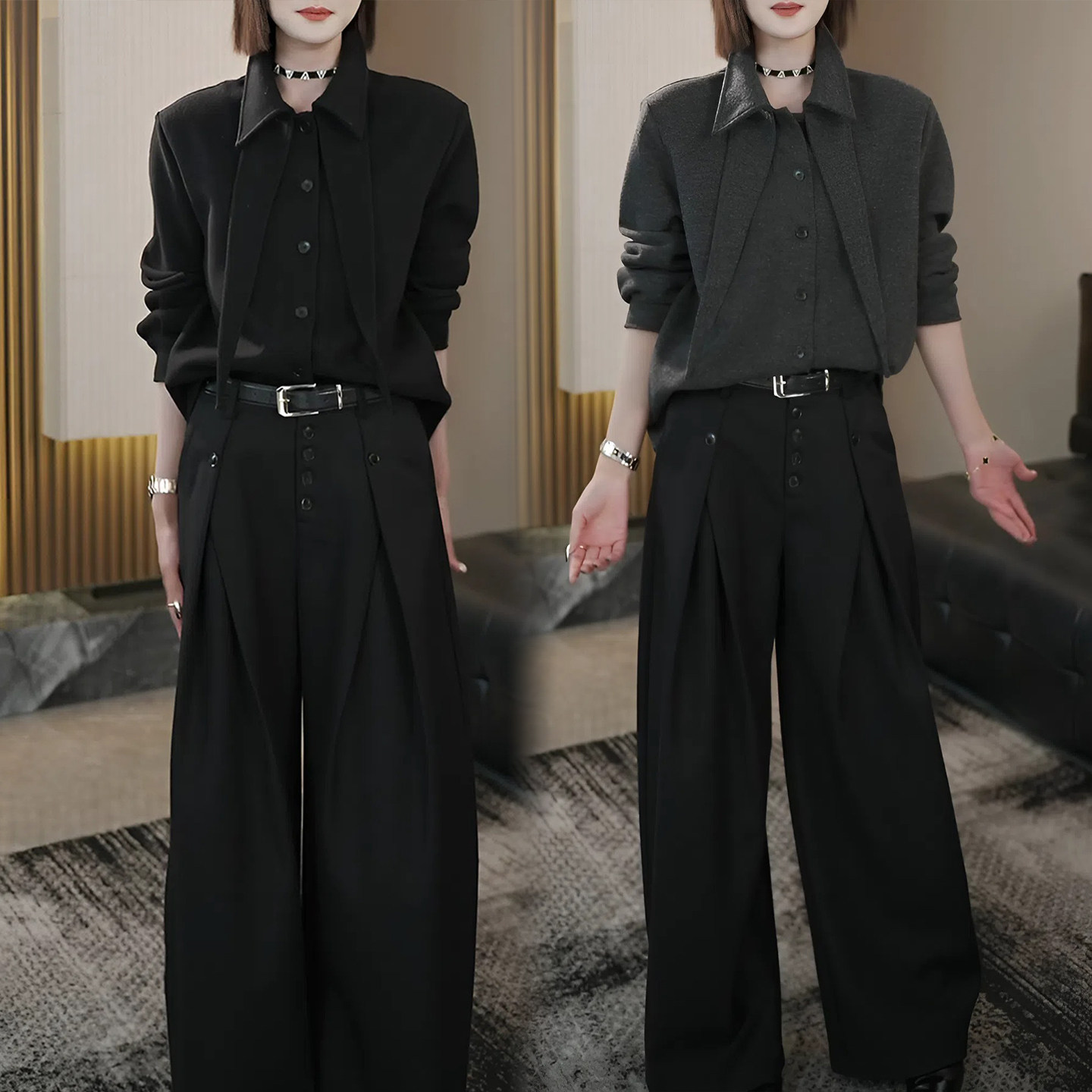 高级感气质套装女款高腰阔腿裤2026超火穿搭一整套新小众加厚衬衫