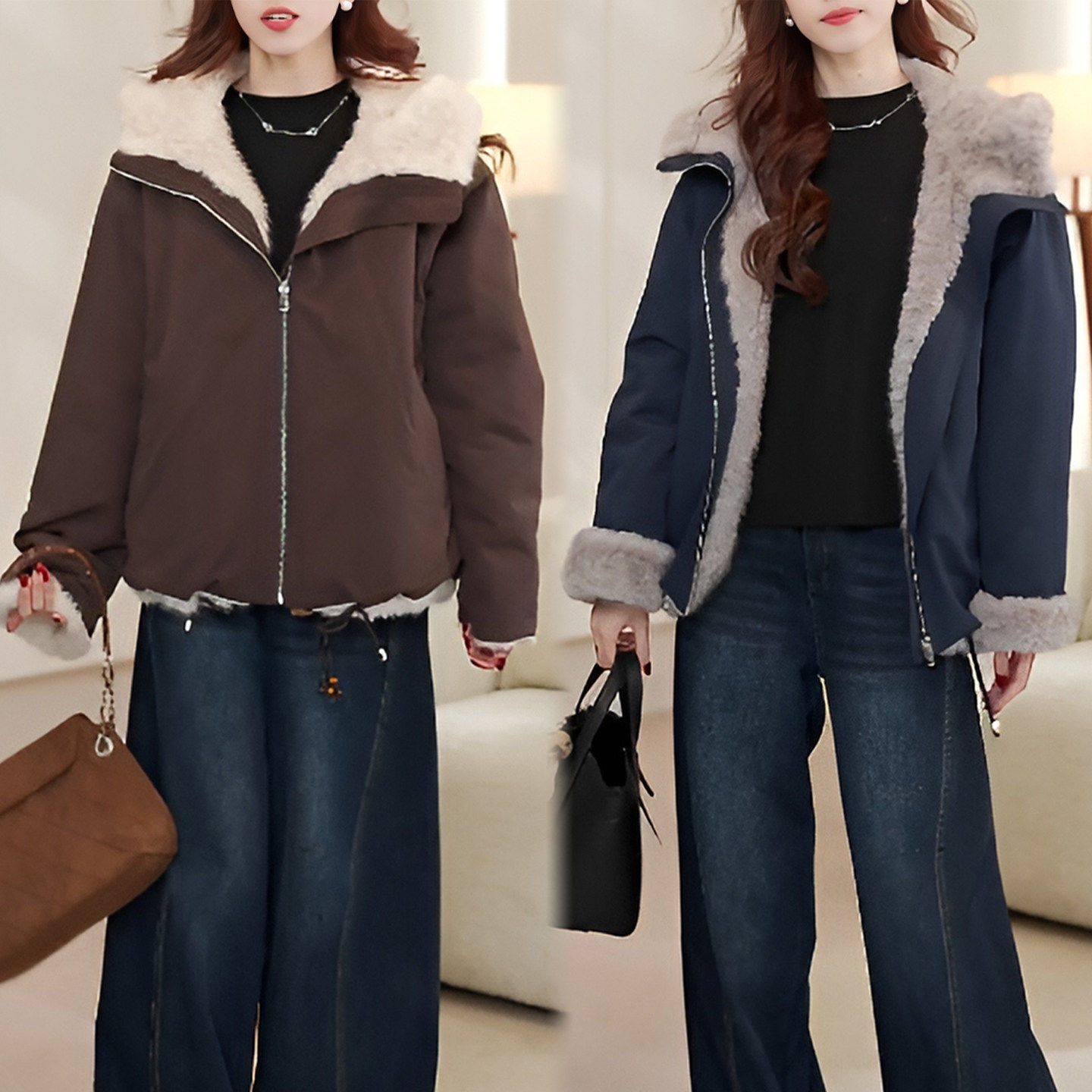 加绒加厚冬季保暖双面穿毛毛棉服外套2026新款高级感工装女士夹克