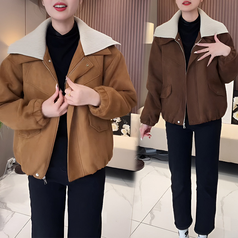 2026秋冬新款时尚休闲百搭拼色拼接加厚翻领拉链设计感夹克外套女