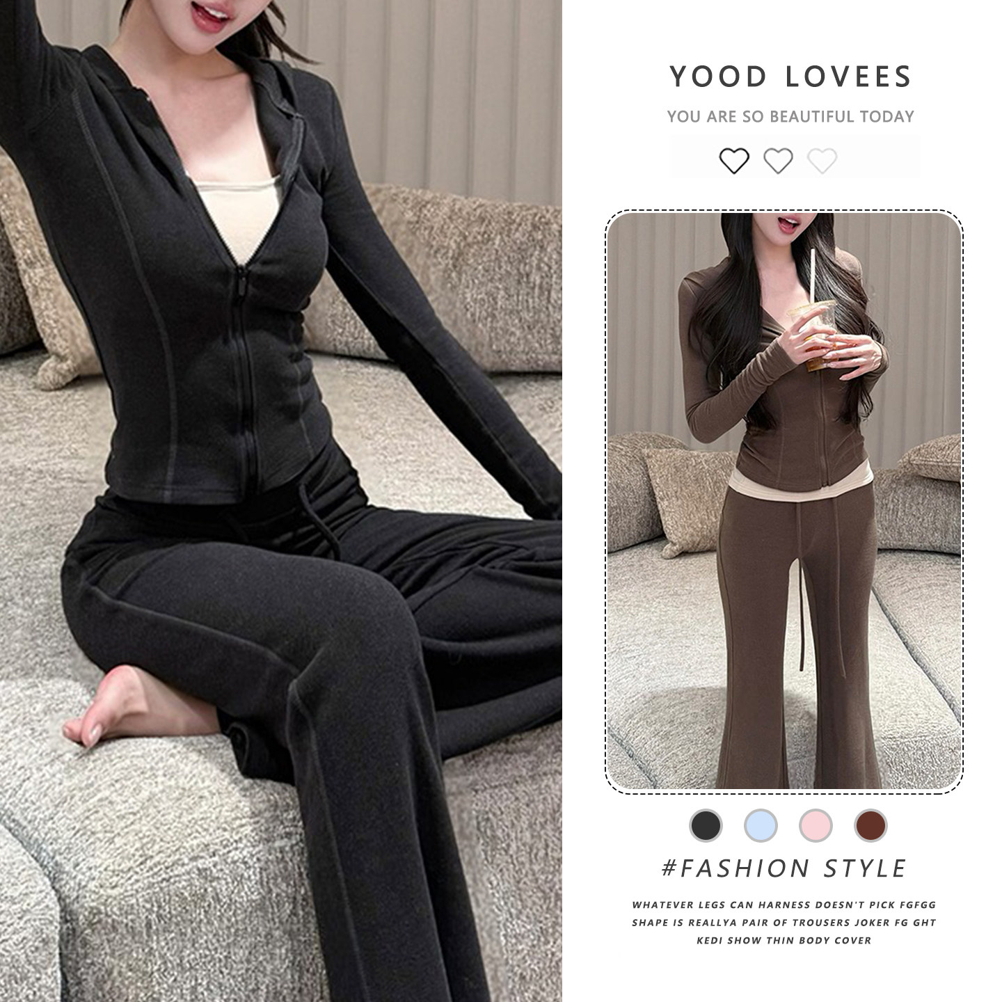 韩系高级感穿搭一整套女2026新款拉链上衣休闲阔腿长裤时尚两件套