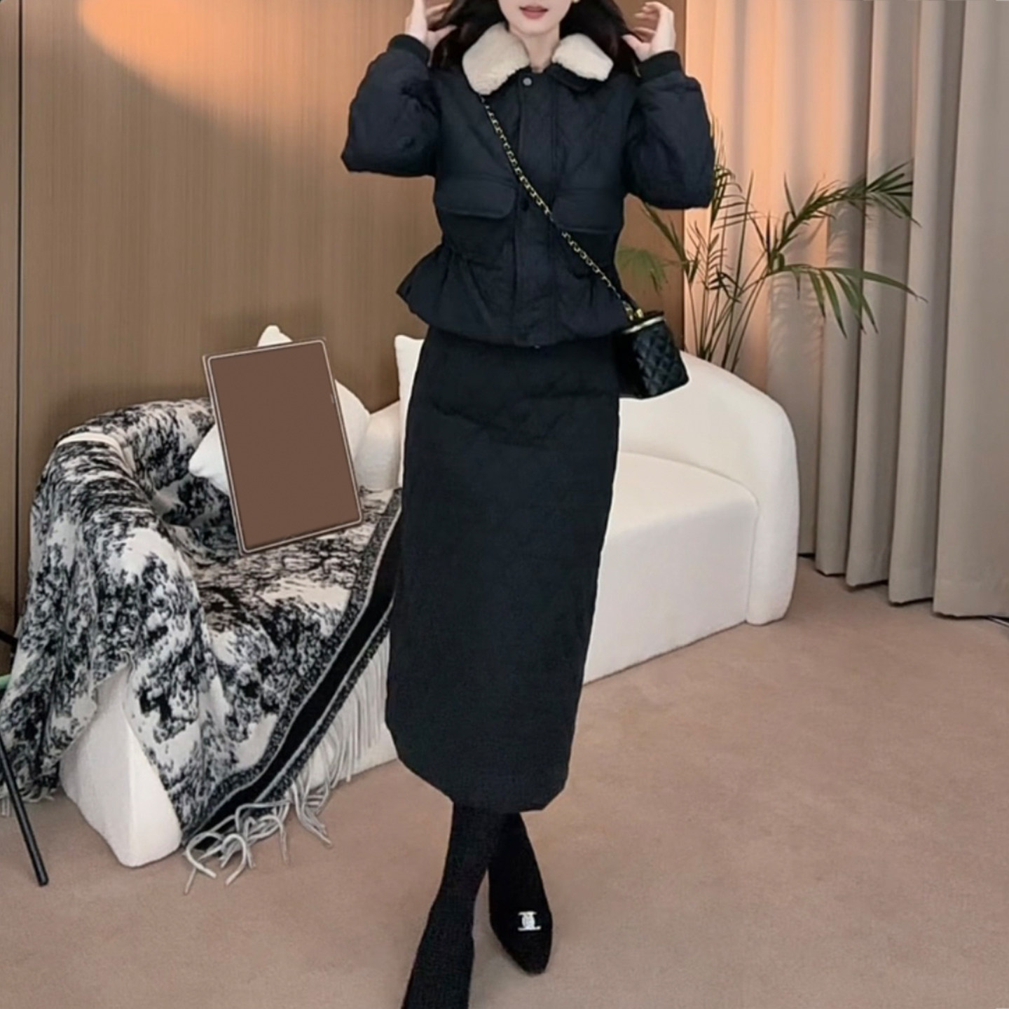 洋气减龄菱格棉服套装女2026冬季新款小个子收腰棉衣半身裙两件套