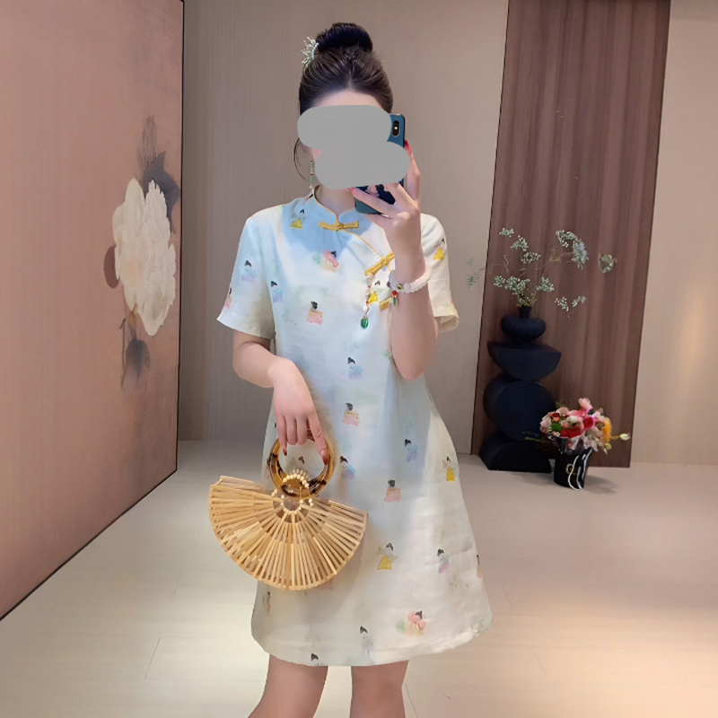 佛系禅意印花盘扣修身连衣裙