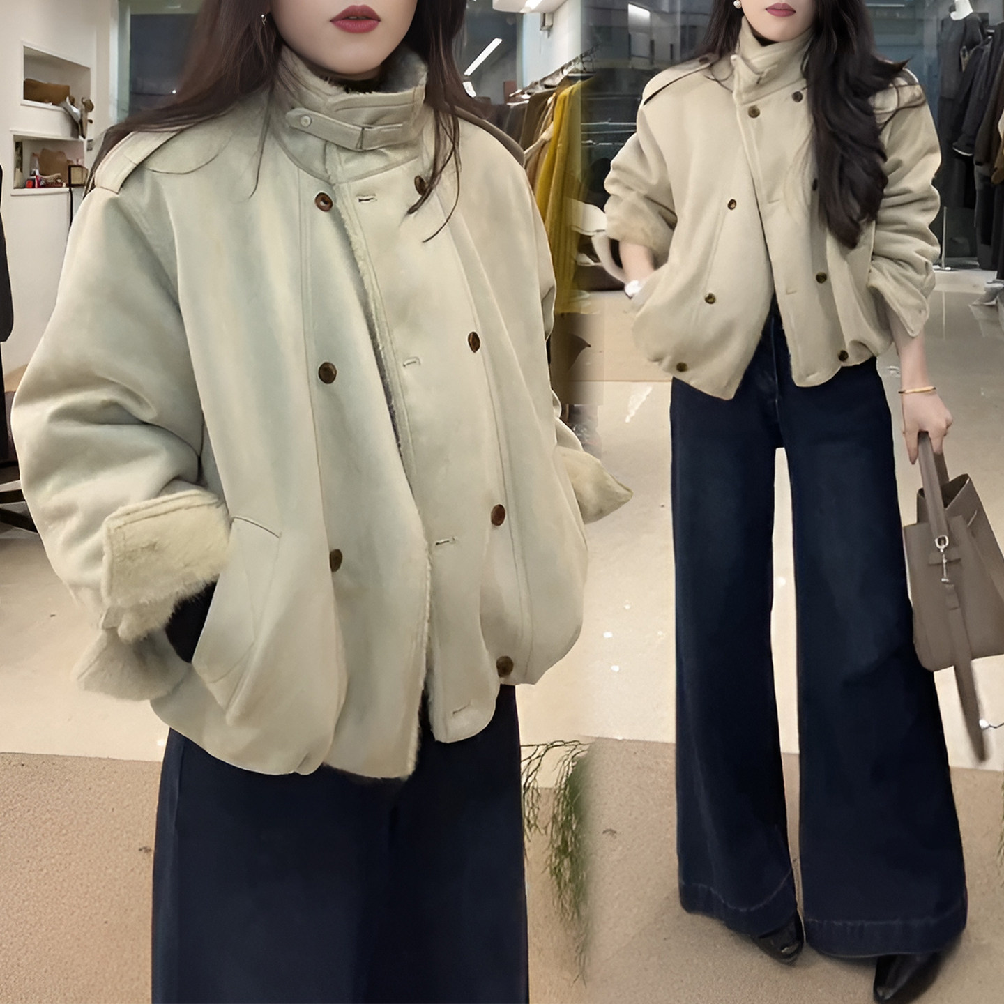 韩系加厚立领双排扣皮毛一体短外套女冬季加绒保暖巨好看夹克上衣,女装/女士精品,短外套,淘宝优惠券,粉丝福利购,淘宝优惠卷