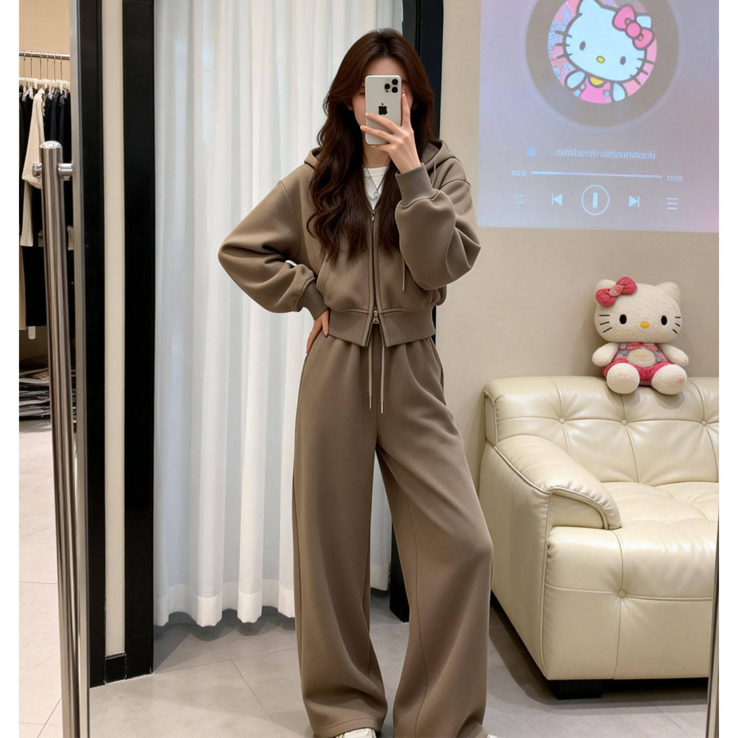 韩系穿搭一整套女春秋开衫连帽卫衣外套搭配高腰长款休闲裤两件套