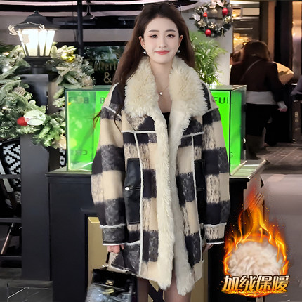 高级感复古格纹加厚大衣女秋冬季加绒保暖外套宽松韩版中长款上衣
