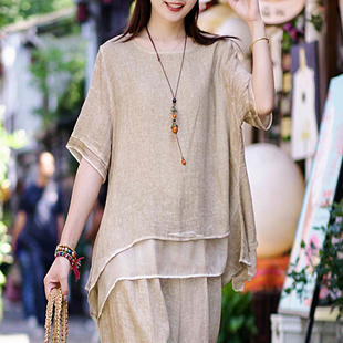 棉麻套装中国民族风女装夏季时尚复古上衣妈妈装亚麻阔腿裤两件套