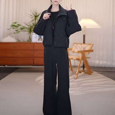 2025秋冬新款轻奢风减龄洋气长袖立领外套女保暖加厚阔腿裤两件套