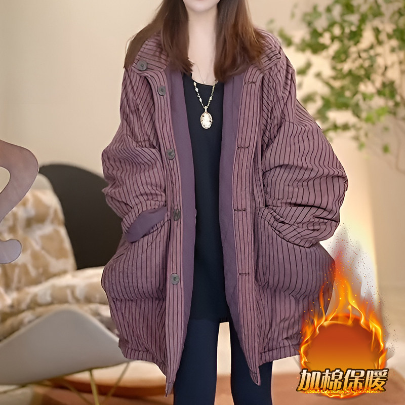 高级感宽松条纹棉衣棉服女2025秋冬季新款中长款保暖加厚大衣外套