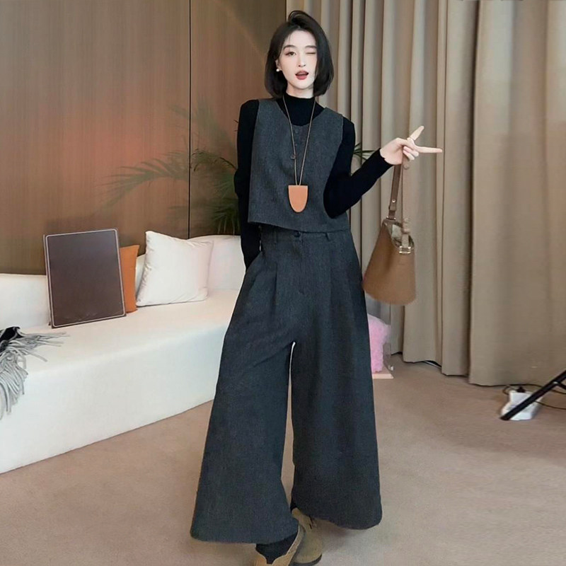 高级感毛呢套装女装秋冬一整套气质百搭无袖马甲九分阔腿裤三件套,女装/女士精品,时尚套装,淘宝优惠券,粉丝福利购,淘宝优惠卷