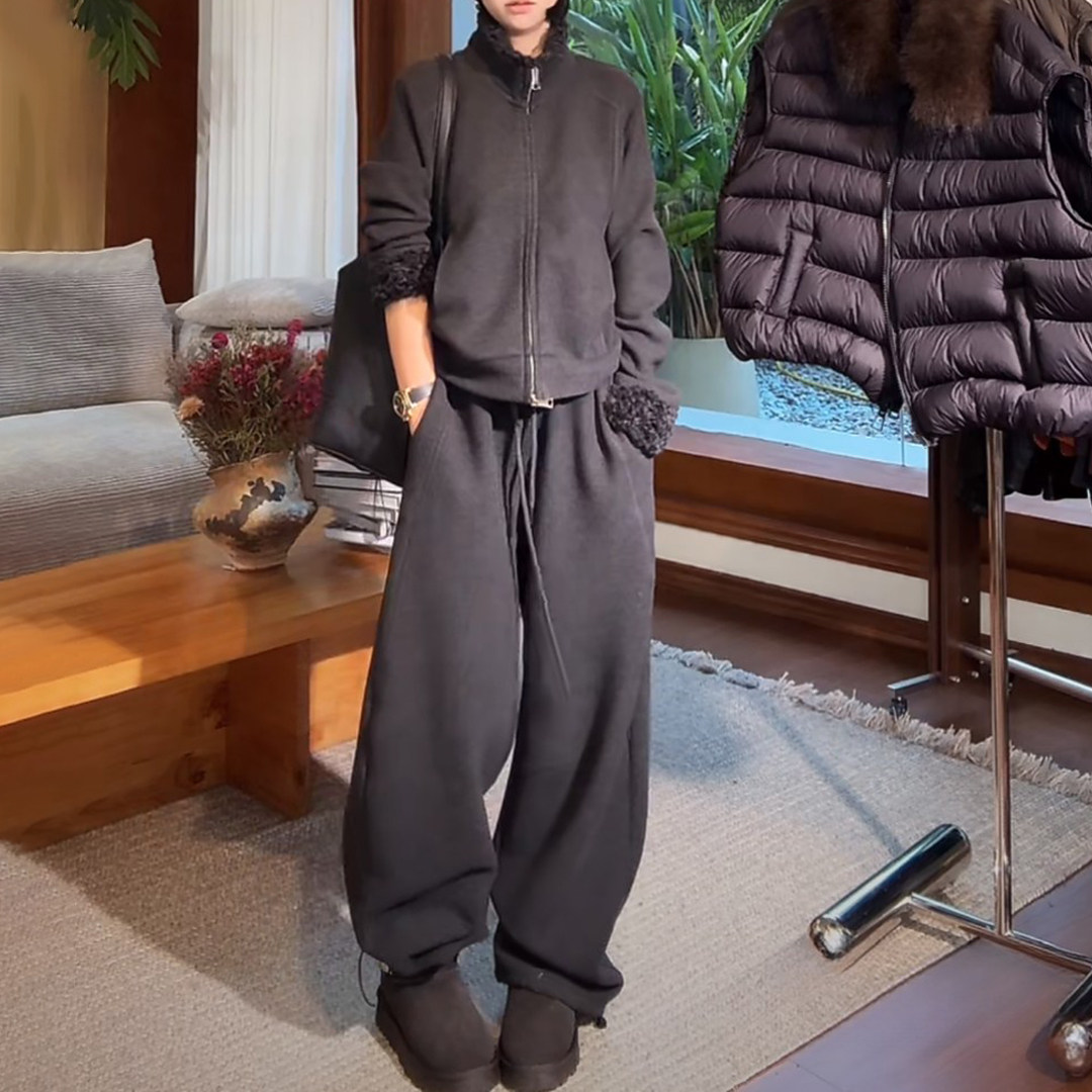韩系风时尚拉链立领长袖上衣高腰阔腿裤加绒加毛气质感女两件套装