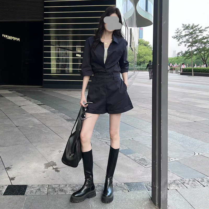 休闲风气质衬衫连体裤女2025夏季新款时尚收腰阔腿短裤连衣裤女装