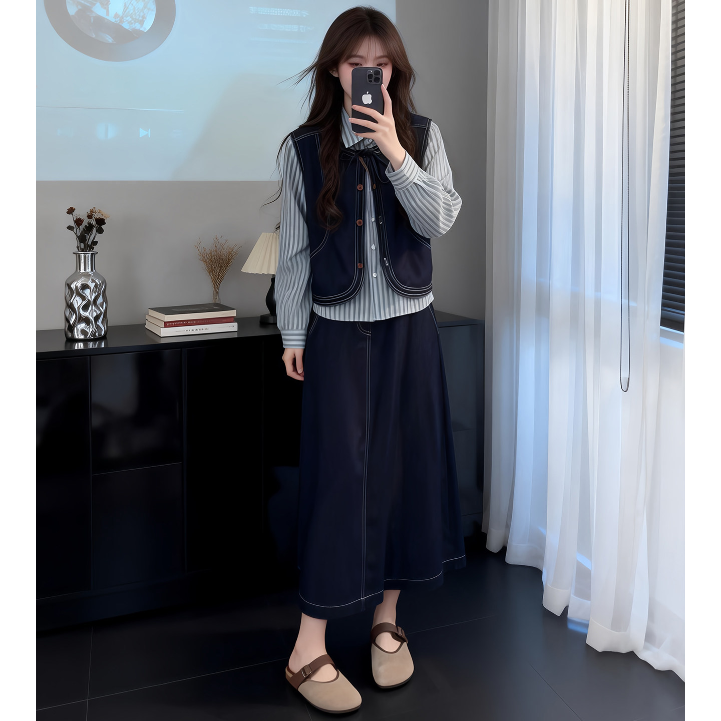 韩系高级感套装2026春秋新款复古牛仔马甲条纹衬衫半身裙三件套装