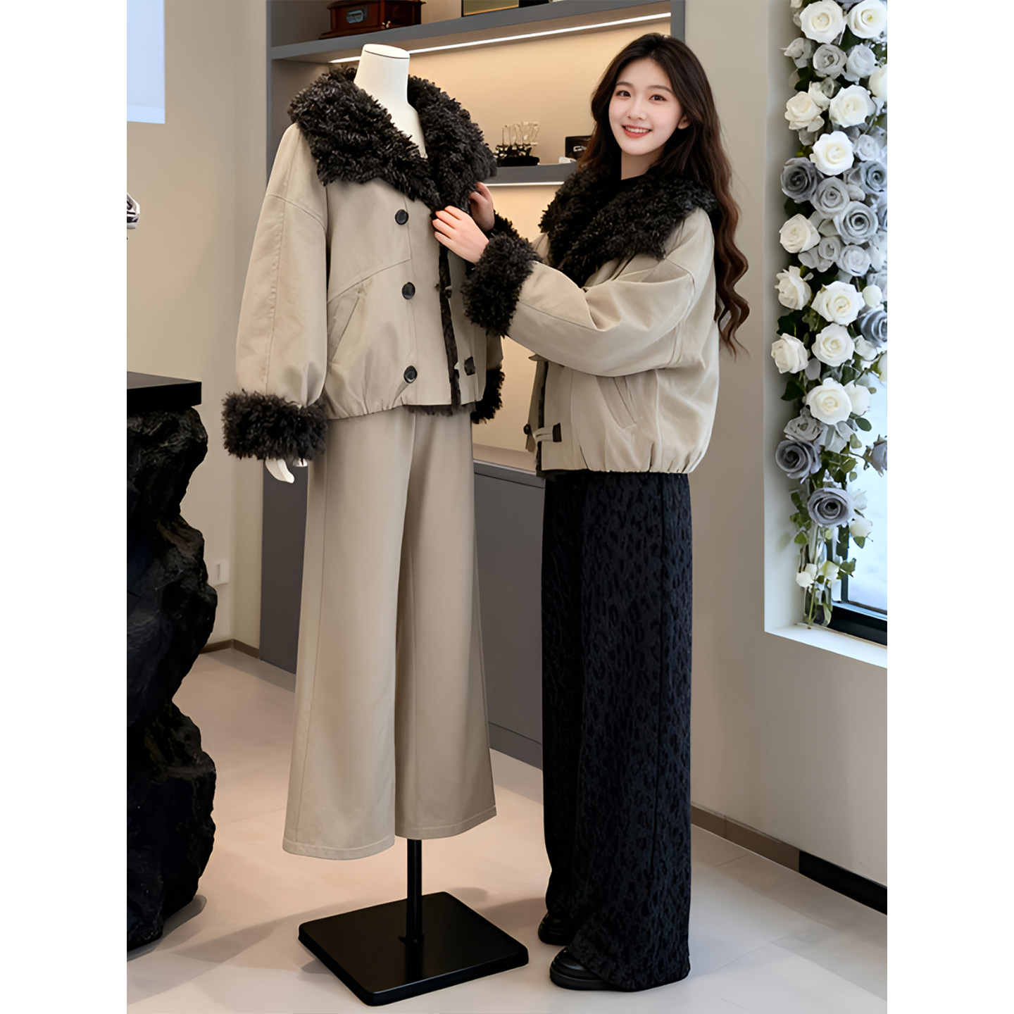 复古加厚撞色毛领棉服女2026冬季新款小个子时尚百搭保暖洋气外套