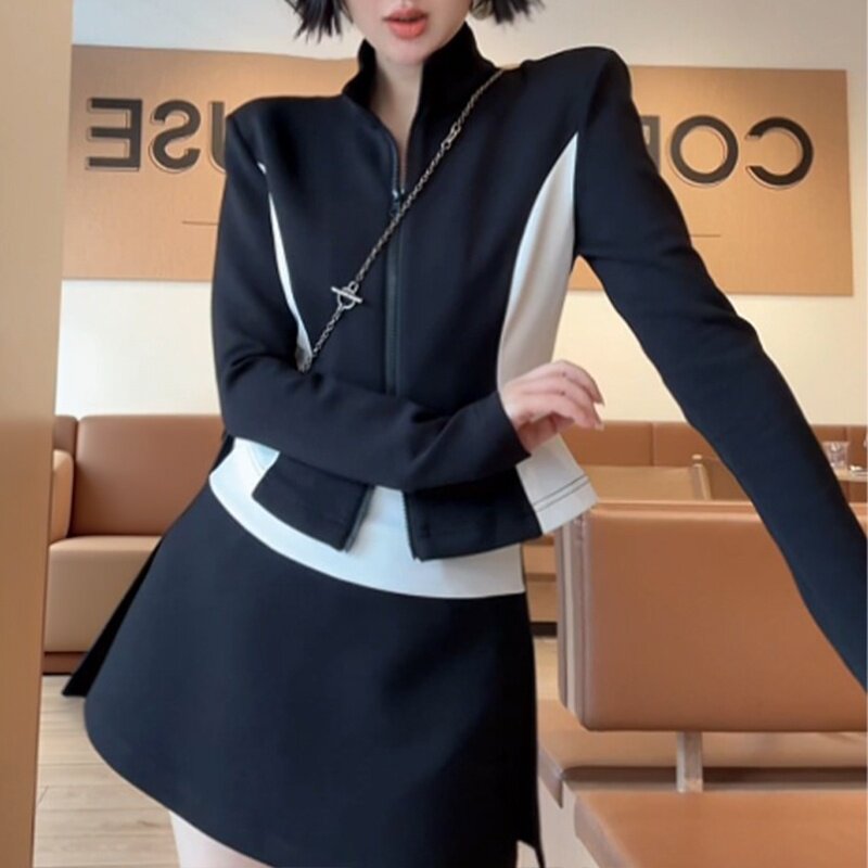 春秋季新款洋气显瘦百搭高级感双拉链设计感上衣短裙时尚气质套装