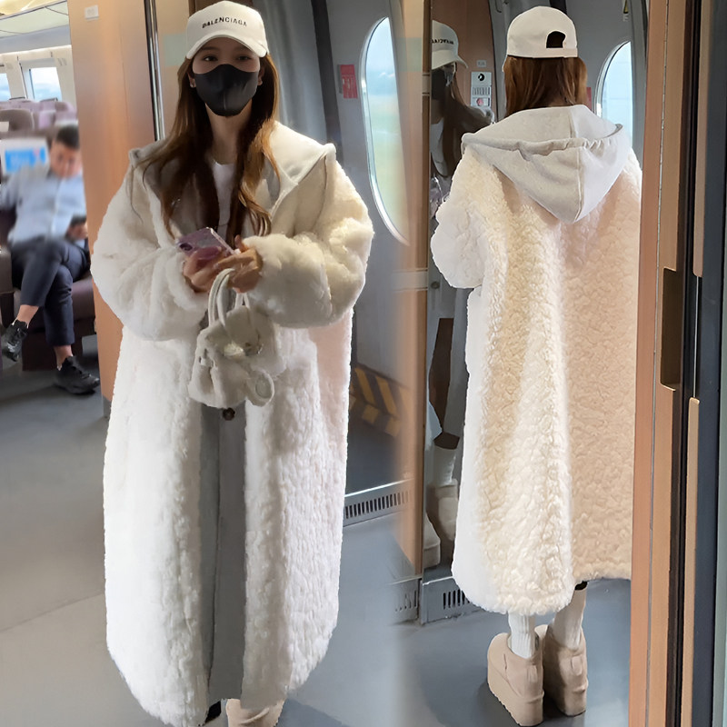 欧货假两件连帽中长款毛毛外套女秋冬小众设计感宽松显瘦保暖大衣