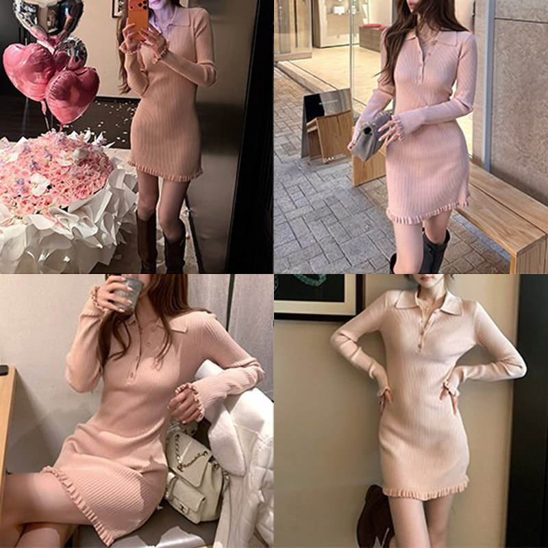 木耳边翻领长袖法式收腰针织连衣裙显瘦气质氛围感出片女装连衣裙