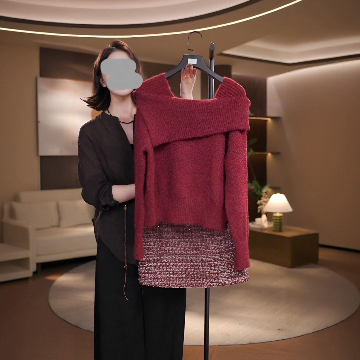 独特不规则一字肩长袖针织上衣女2026秋冬新款高腰半身短裙两件套