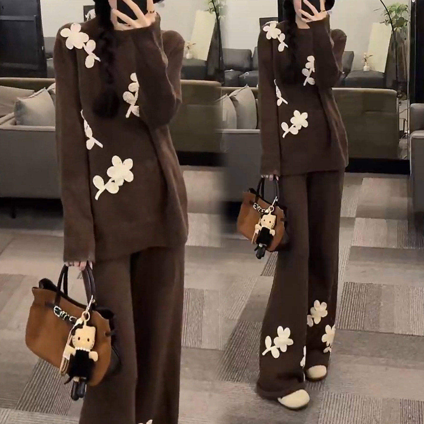 2026超火冬装一整套针织套装女韩版宽松慵懒风高腰阔腿裤两件套潮