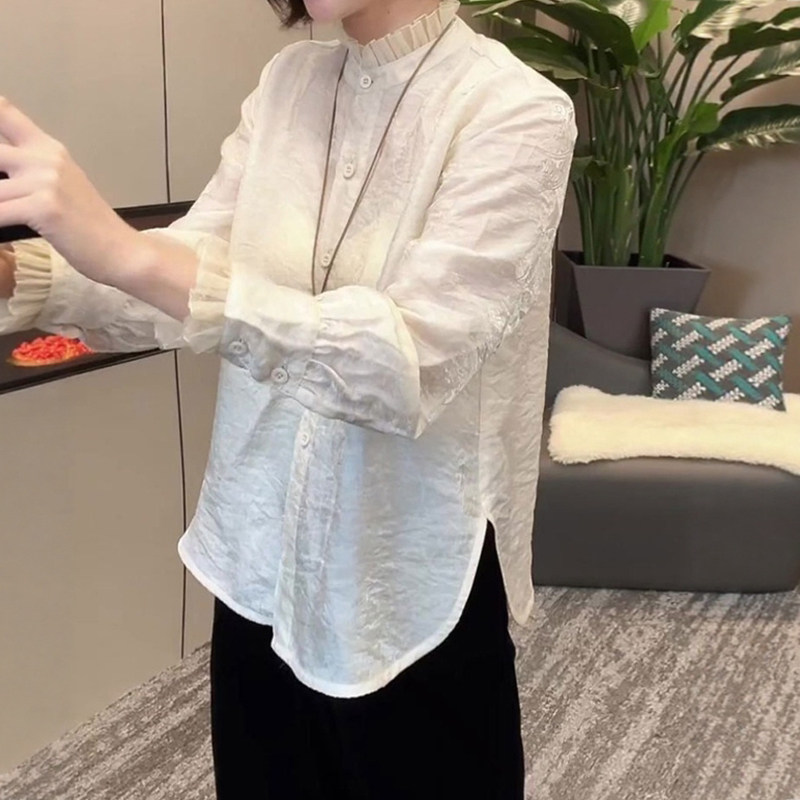 法式立领木耳荷叶边黑色长袖衬衫女春秋季2026新款设计感花边上衣