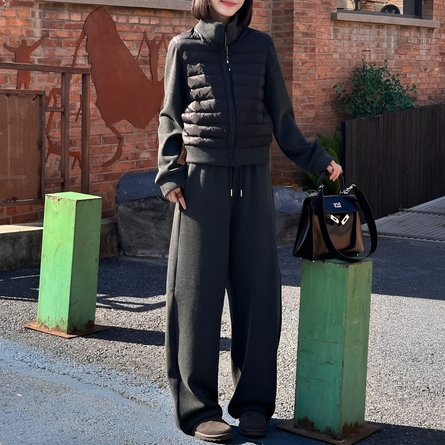 棉服外套高腰松紧腰卫裤两件套女