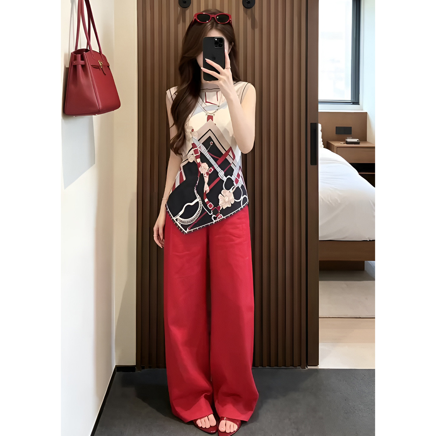 韩系百搭复古印花无袖背心马甲女2026夏季新款透气休闲阔腿裤套装
