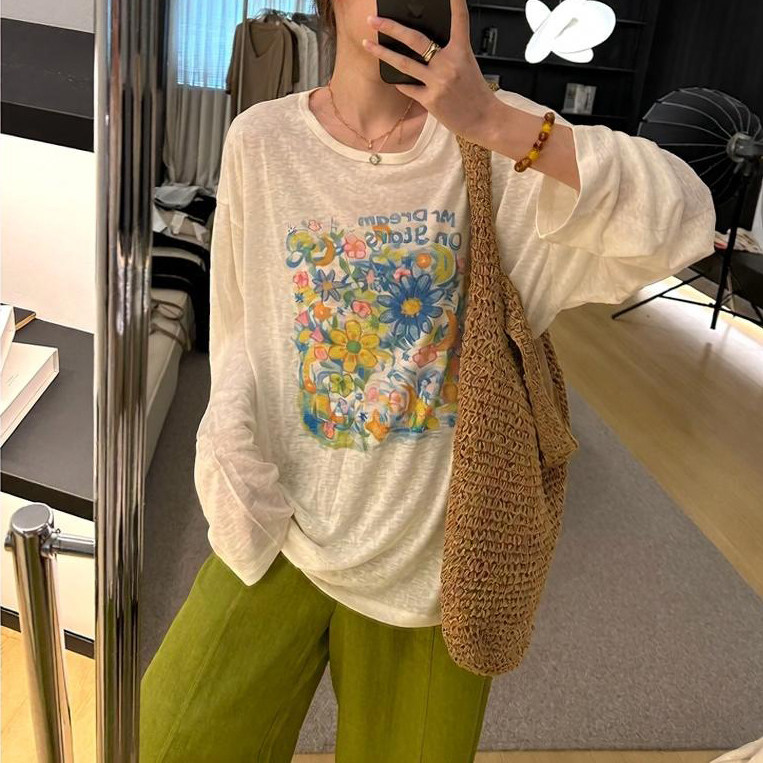 青柠冰椰夏季宽松百搭长袖防晒罩衫T恤八分休闲裤时尚套装
