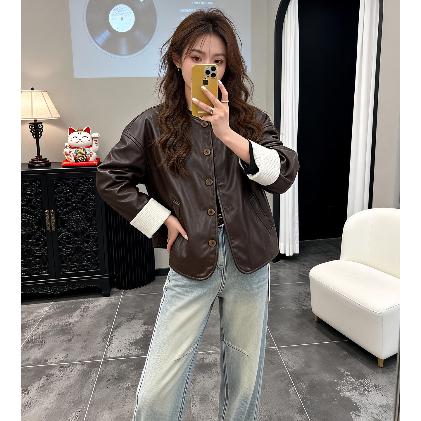 欧货重磅咖色PU皮夹克短款小个子减龄2026春秋新款时尚外套上衣女
