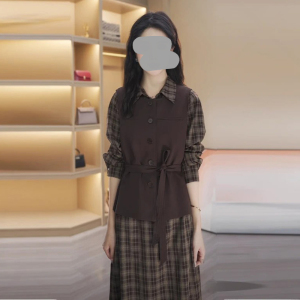 春秋新款格子连衣裙马甲上衣两件套女时尚气质设计感长袖显瘦套装