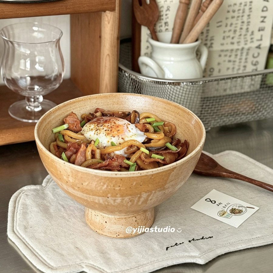 一家小店 美食博主爱用 鱼丸粗面 日式侘寂风粗陶高脚面碗拌饭碗