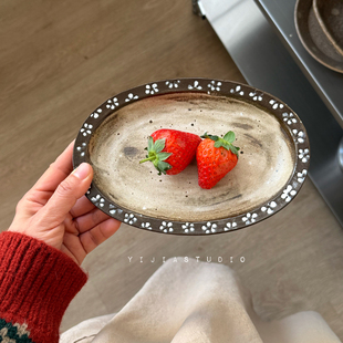 一家小店 山野小花 侘寂风 粗陶复古做旧椭圆甜品盘早餐盘菜盘