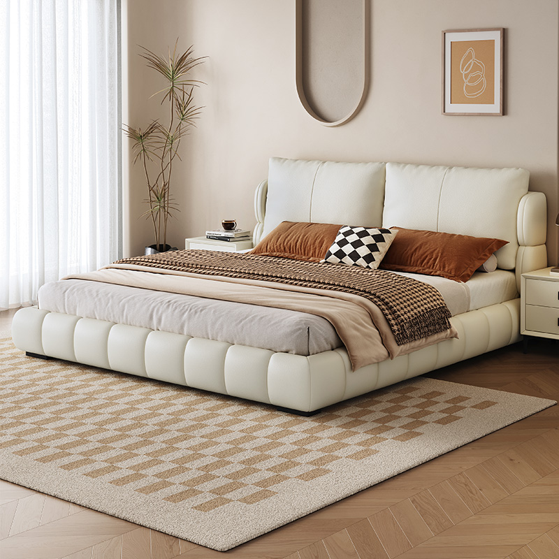 馨佰利真皮床奶油风卧室储物皮床