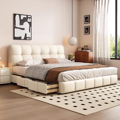 馨佰利泡芙储物真皮床法式奶油风