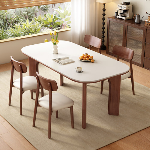 馨佰利岩板实木餐桌中古风吃饭桌