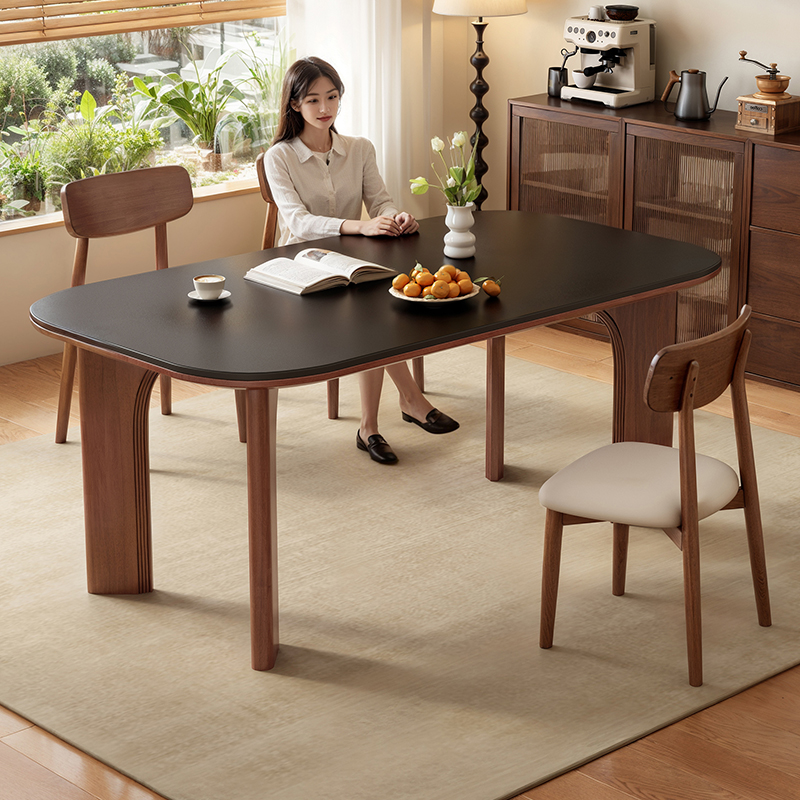 馨佰利岩板实木餐桌中古风吃饭桌