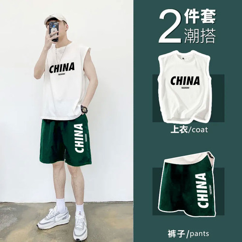 夏季背心两件套装男国潮