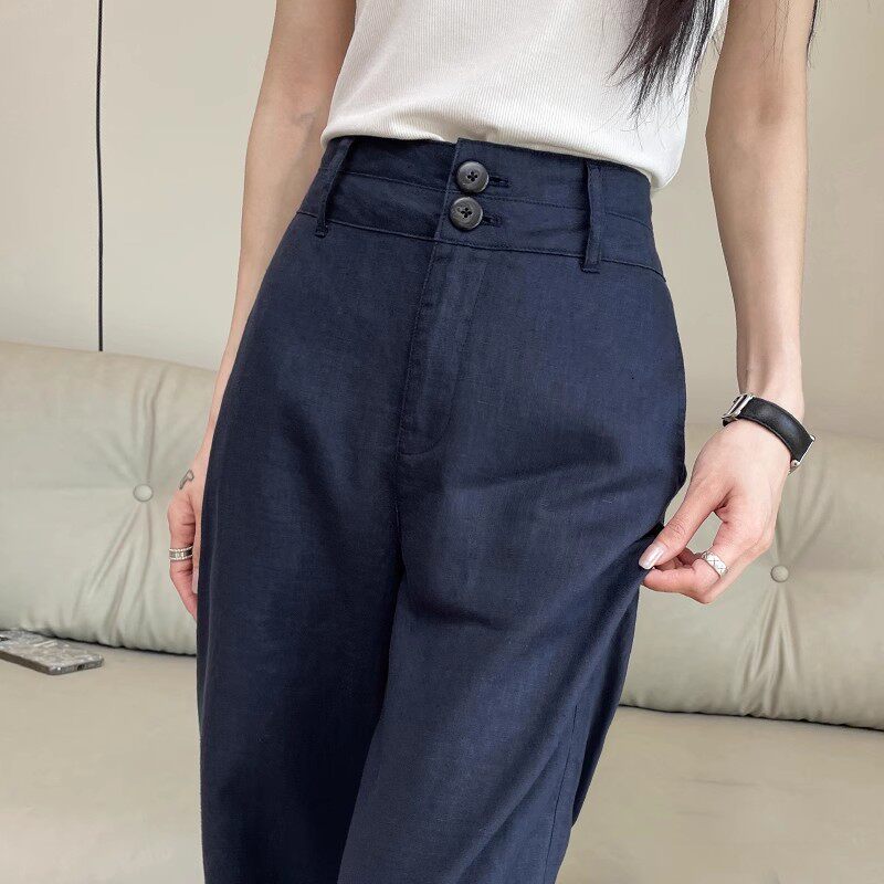 亚麻阔腿裤女薄款2026夏季新款高腰宽松窄版休闲垂感纯麻直筒裤子
