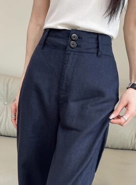 高腰亚麻阔腿裤长裤阔腿女直筒