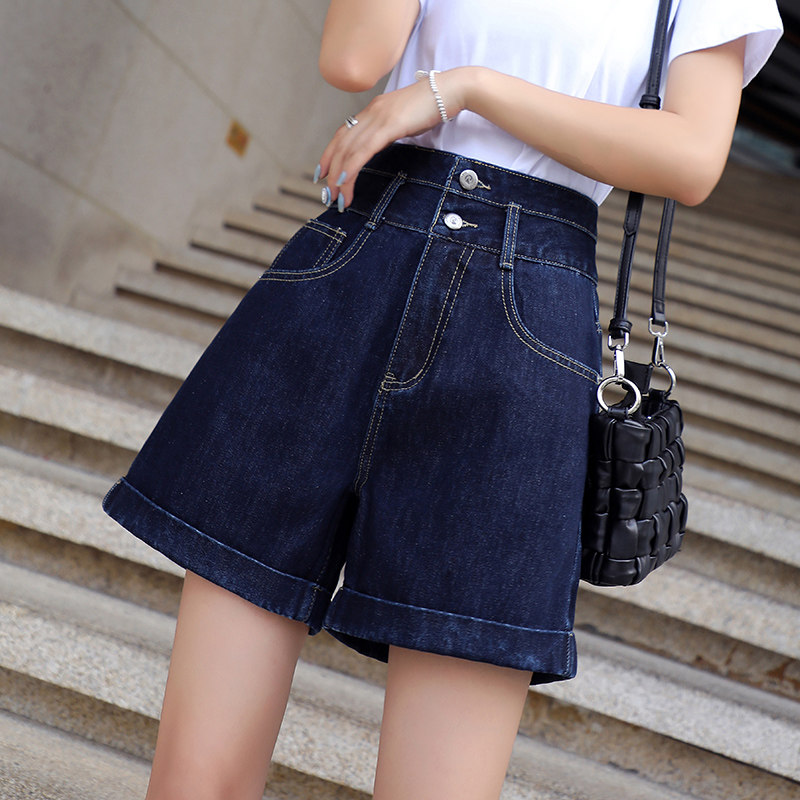 深蓝色牛仔短裤女夏季2026新款高腰宽松百搭a字显瘦阔腿卷边热裤