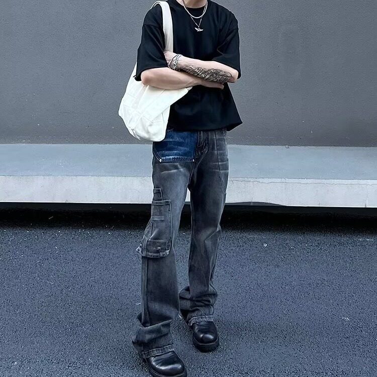 [288]做旧拼接牛仔裤男宽松直筒阔腿高街工装裤A079-K6085-P47,男装牛仔裤,电商A079