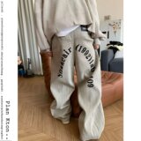 【008】灰色百搭竖条纹字母印花宽松直筒牛仔裤男A079-B055-P57，男装牛仔裤，电商A079