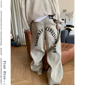 【008】灰色百搭竖条纹字母印花宽松直筒牛仔裤男A079-B055-P57图片