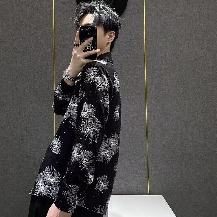 [006]印花烫钻长袖衬衫男士时尚潮流垂感宽松衬衣A079-CS225-P43,男装衬衫,电商A079