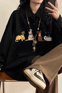 【132】猫咪刺绣长袖衬衫男女宽松休闲衬衣外套A079-CS381-P38图片