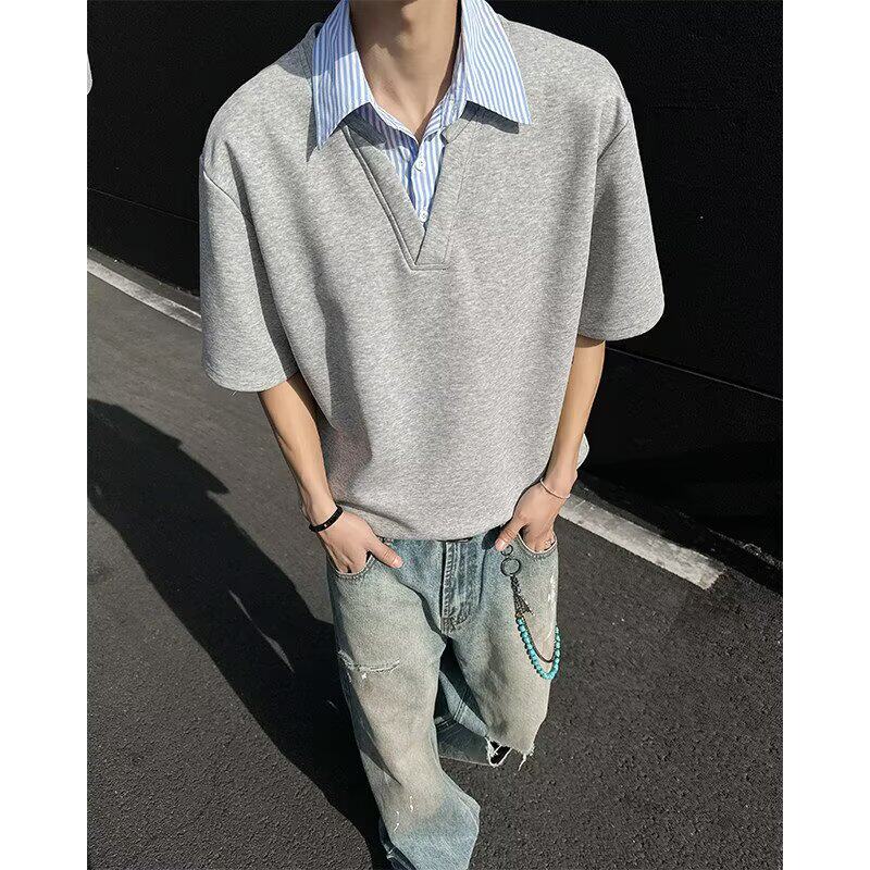 [012]假两件衬衫领短袖男宽松拼接T恤半袖Polo衫A079-D915-P33,男装T恤,电商A079